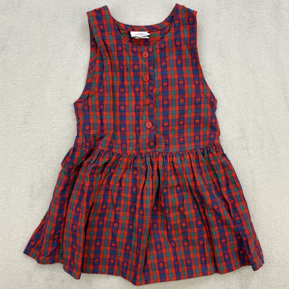 Vintage Oshkosh Dress Girls 3T Red Jumper Apple Plaid Made In USA - Picture 1 of 8